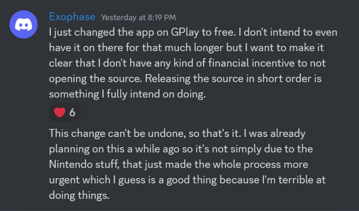 Exophase's statement on Discord